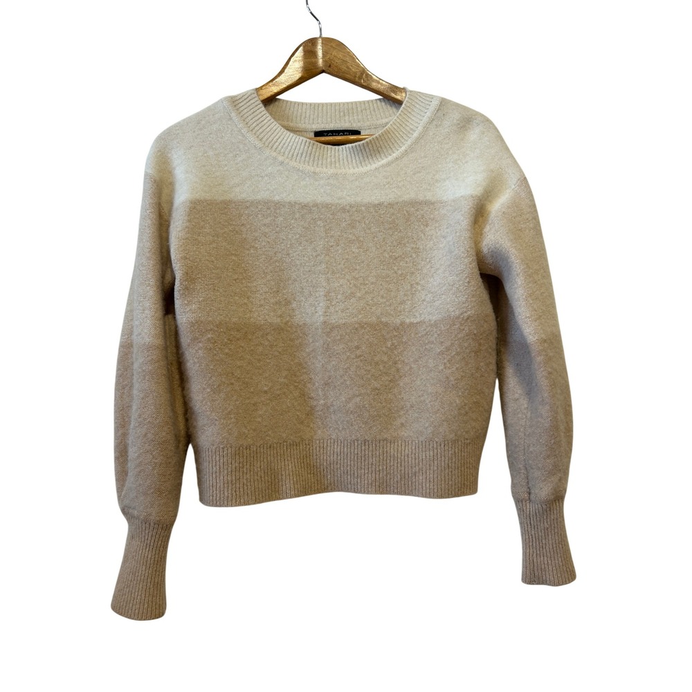 Tahari Sweater Size S Tan Colorblock 100% Cashmere Crewneck Thick Quiet Luxury